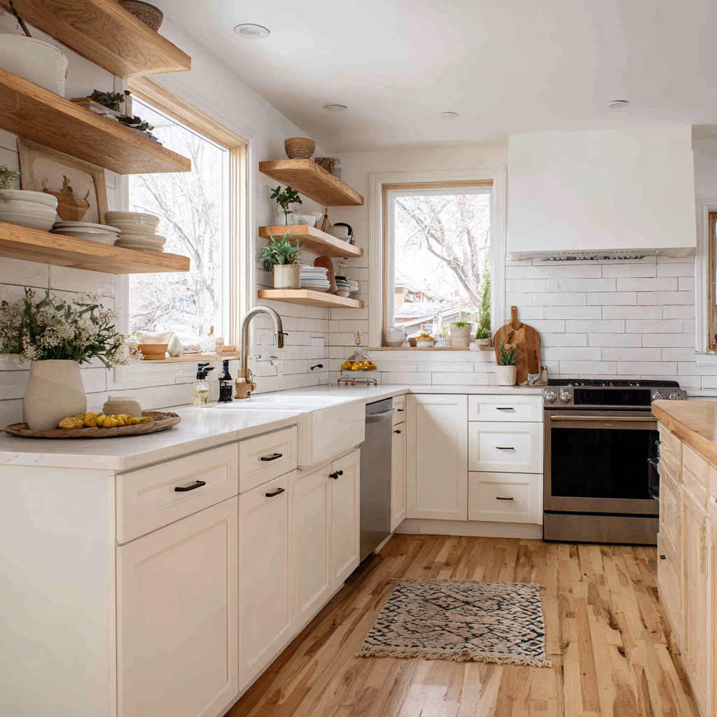 A warm, transitional kitchen featuring white shaker cabinets, open wood shelving, subway tile backsplash, stainless steel appliances, farmhouse sink, natural light, and rustic wood flooring with a small patterned rug.