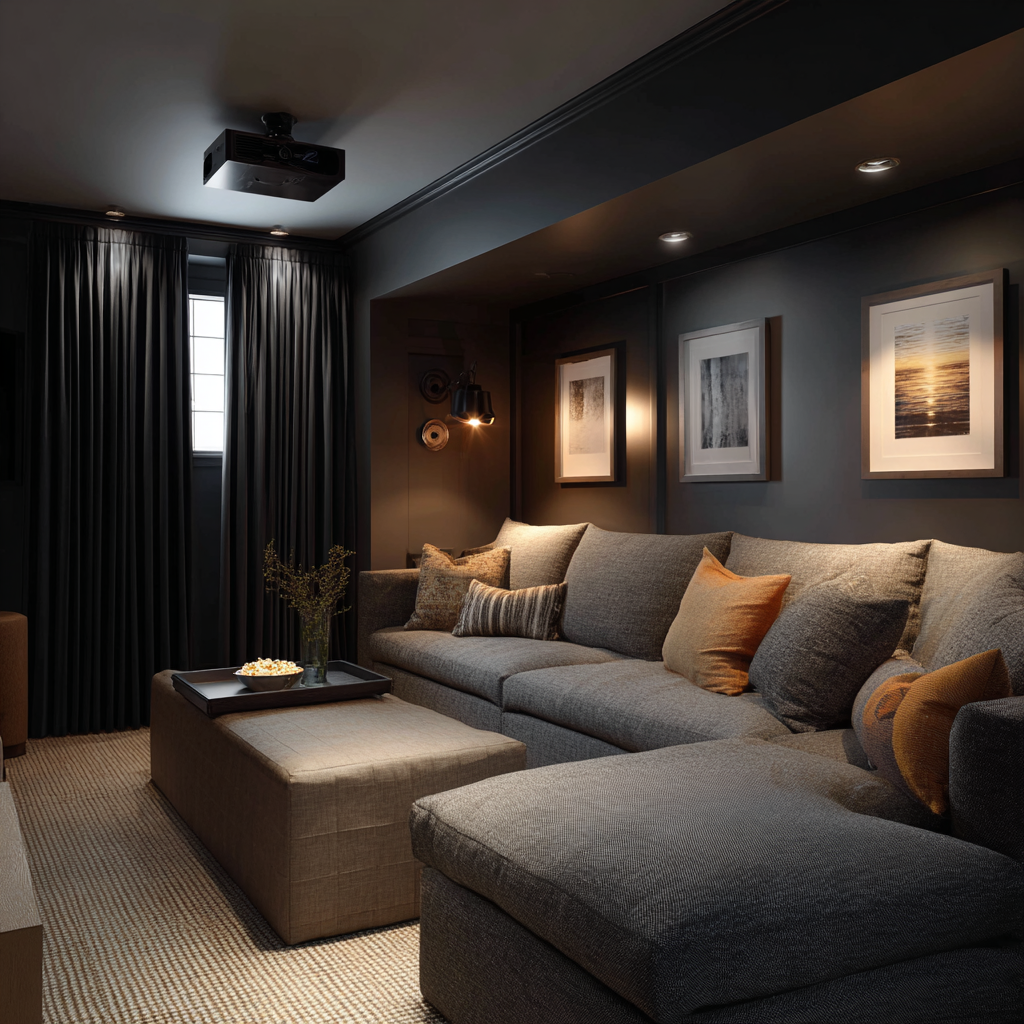 Cozy basement movie lounge with a sectional sofa, warm accent pillows, ceiling-mounted projector, framed wall art, recessed lighting, and dark curtains creating a cinematic atmosphere.