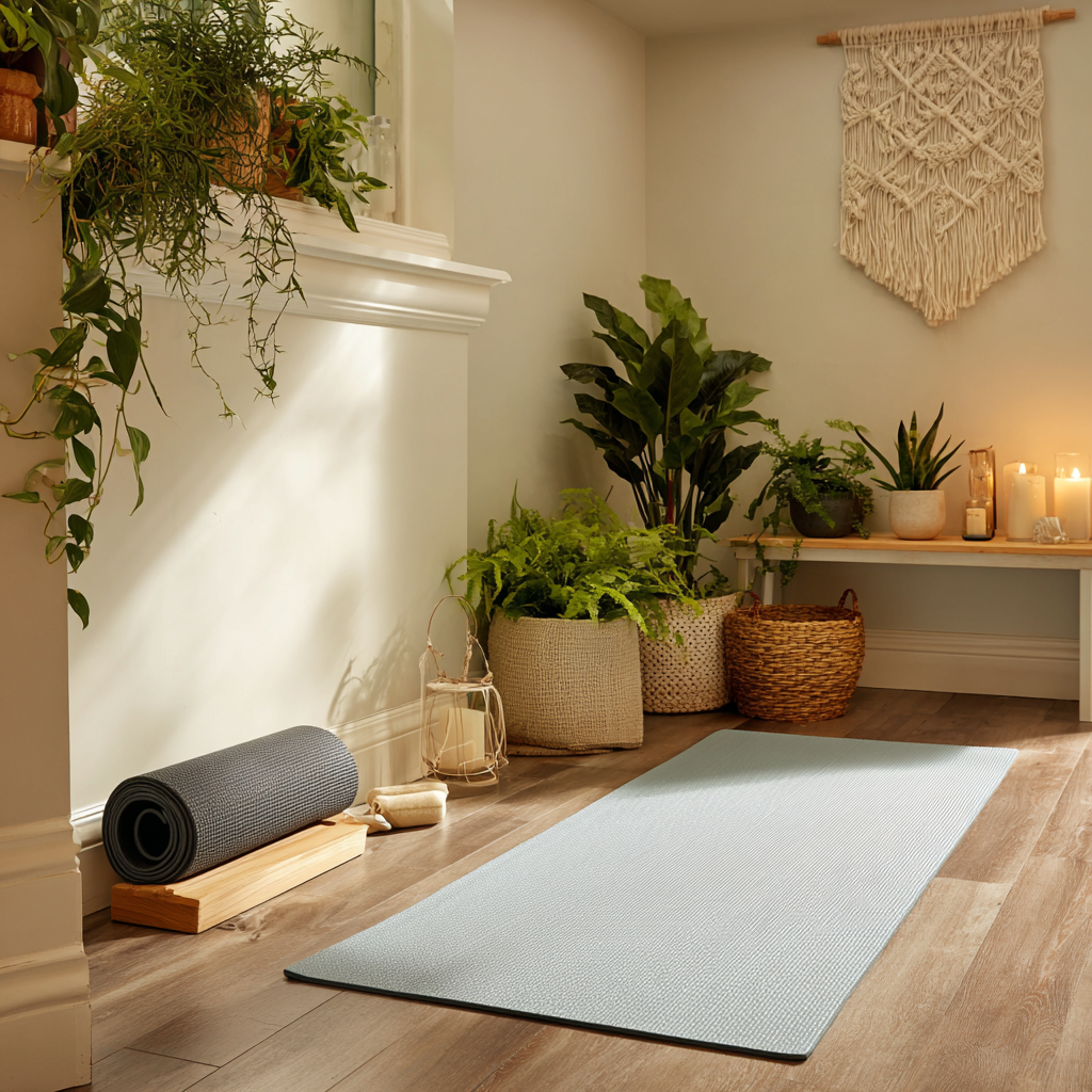 Serene basement wellness corner featuring a yoga mat, lush potted plants, woven baskets, soft candlelight, and neutral décor for a calming, spa-like atmosphere.