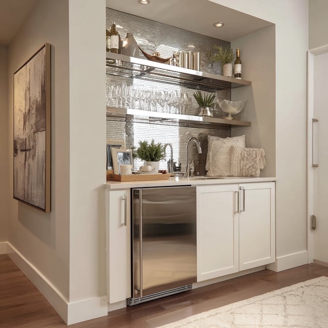 A modern, built-in slimline wet bar tucked into a recessed nook in a contemporary home.