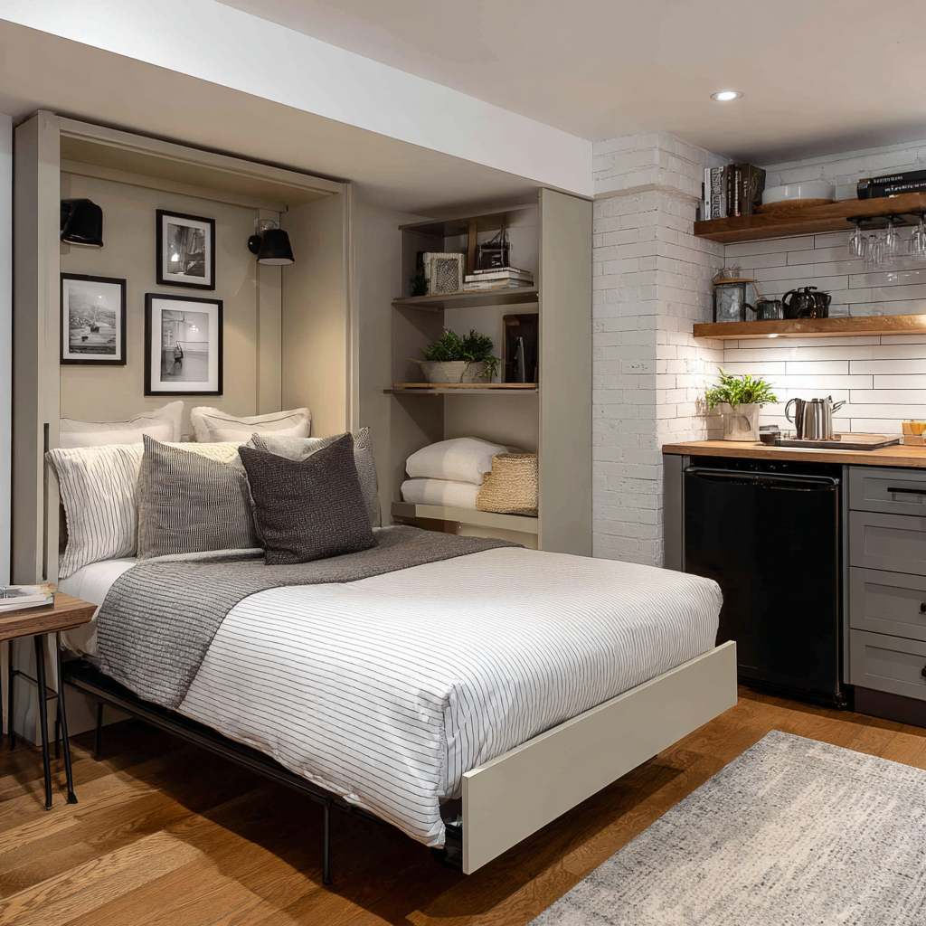 Compact studio bedroom featuring a fold-down bed, built-in shelving, neutral bedding, framed wall art, and an integrated kitchenette with open wood shelves and white brick backsplash.