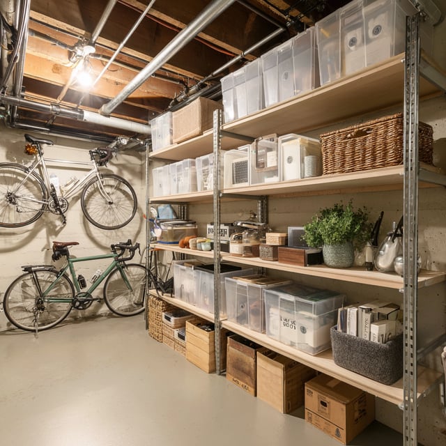 Tidy basement with organized metal shelves and two bikes.