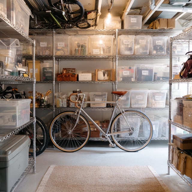 A tidy, well-organized basement that uses an industrial-style shelving system.