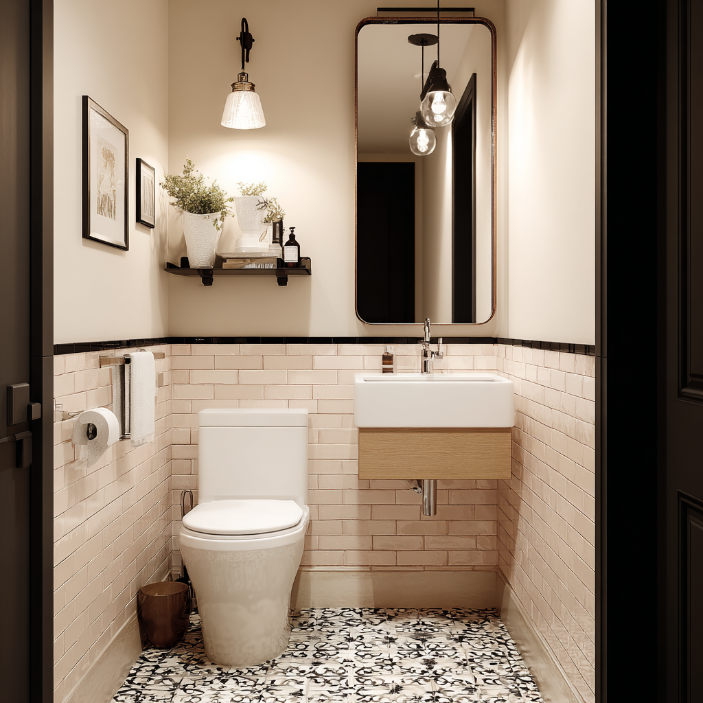 Tiny basement powder room with a wall-mounted sink, modern toilet, subway tile walls, patterned tile floor, and a narrow mirror under warm pendant lighting.