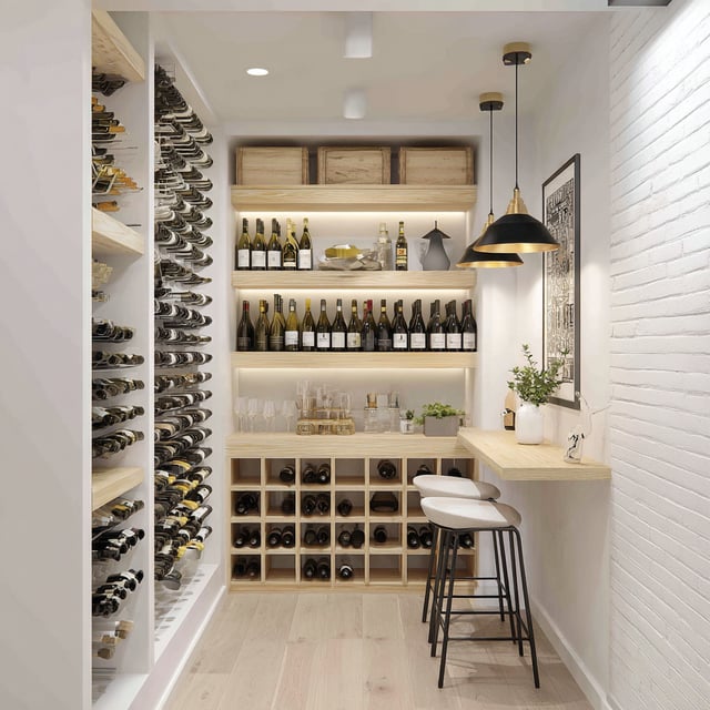 A narrow, modern wine cellar with seating.
