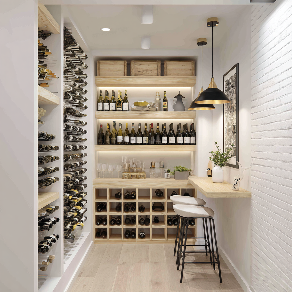 Narrow basement wine cellar with floor-to-ceiling wooden racks filled with wine bottles, illuminated display shelves, a small tasting counter with stools, and modern pendant lighting.
