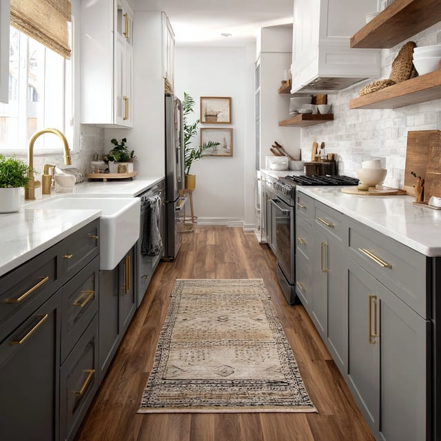 A galley kitchen features dark gray lower cabinets with gold hardware, white upper cabinets, white marble-look countertops, subway tile backsplash, a farmhouse sink with a gold faucet, a runner rug on a wood-look floor, and open shelving above the range.