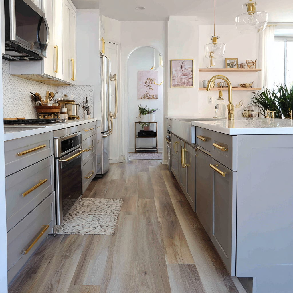 A stylish transitional kitchen with soft gray cabinetry, brass hardware and fixtures, marble countertops, glass pendant lighting, stainless steel appliances, open shelving, and light wood-look vinyl plank flooring throughout the space.