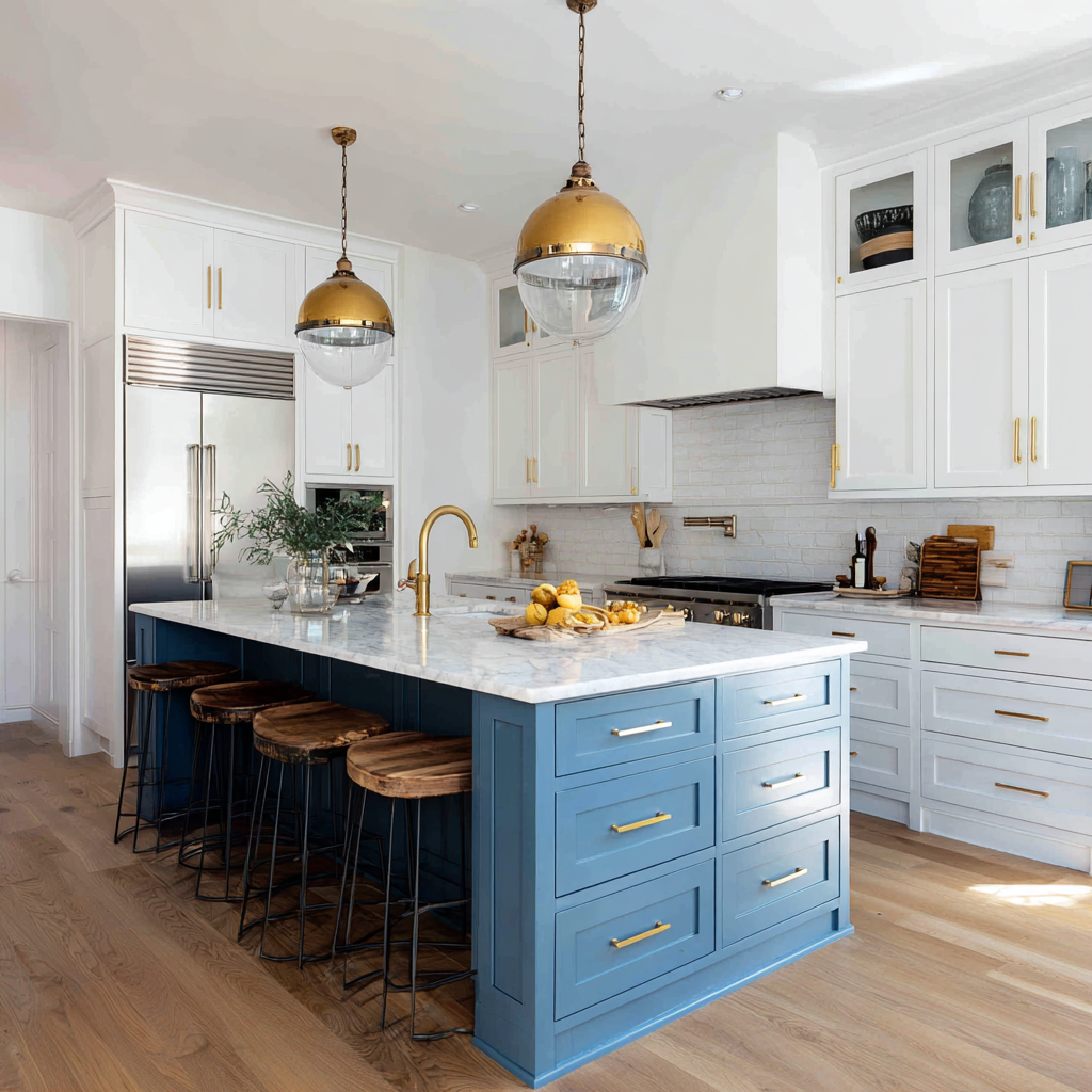 A transitional kitchen with white perimeter cabinetry and a blue island, marble countertops, brass pendant lighting and hardware, a farmhouse-style faucet, stainless steel appliances, wood bar stools, and light wood flooring.