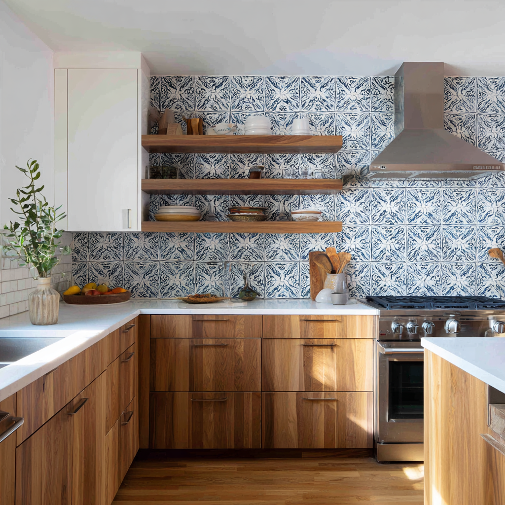 A transitional kitchen with warm wood base cabinets, white countertops, open wood shelves, a stainless steel range and hood, a blue-and-white patterned tile backsplash, and natural wood-look flooring illuminated by soft daylight.