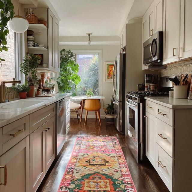 A transitional kitchen featuring light gray lower cabinetry, white upper cabinets, a colorful runner rug on a dark wood floor, and a breakfast nook visible through a sunlit window at the end of the galley.