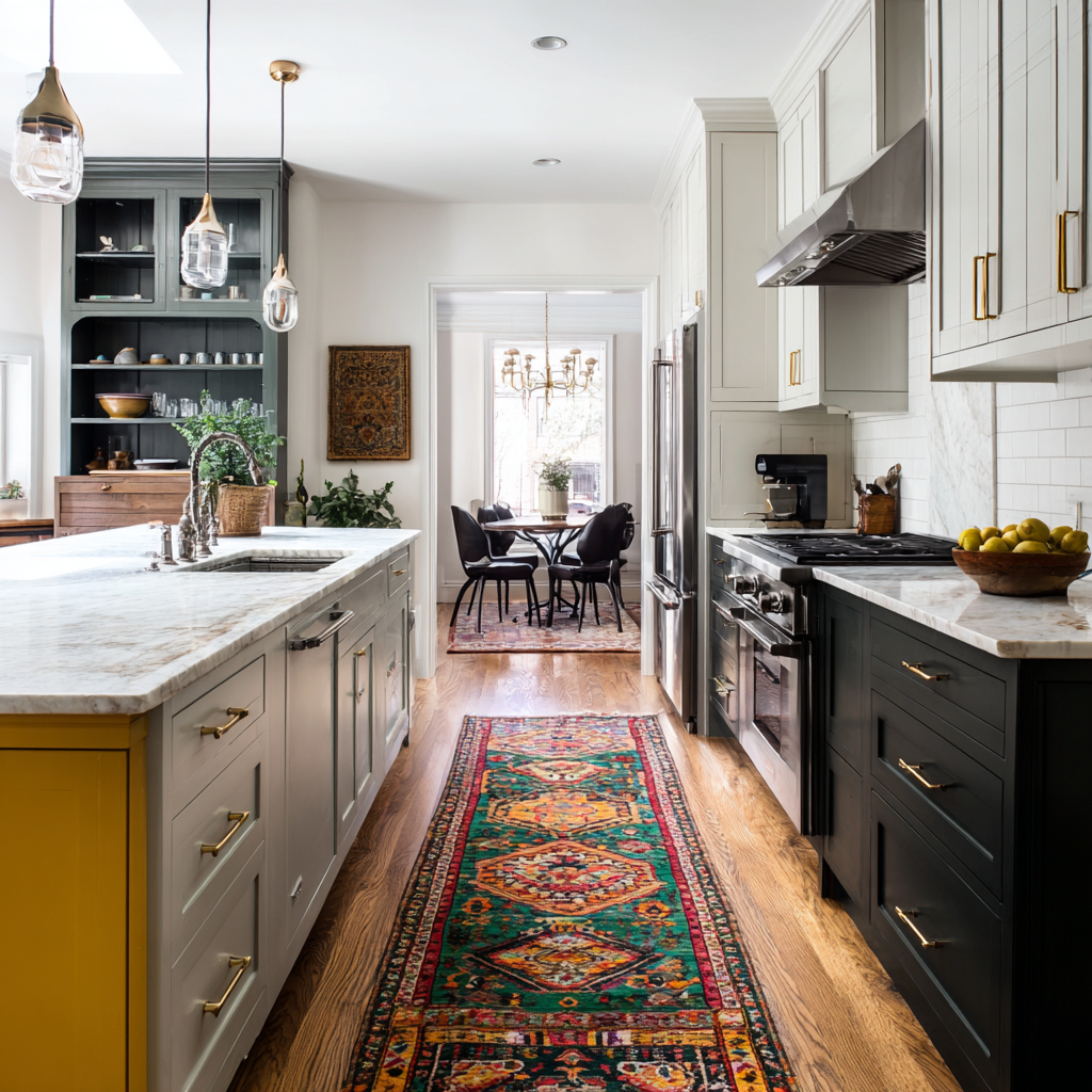 A transitional kitchen with mixed-tone cabinetry, marble countertops, brass hardware and pendant lights, stainless steel appliances, a colorful runner rug, and warm hardwood flooring extending into the adjacent dining area.
