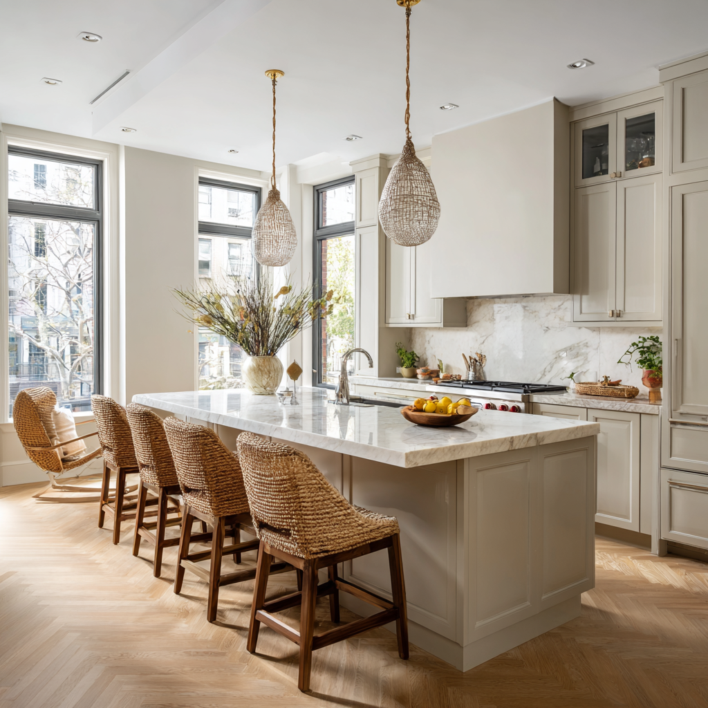 A spacious transitional kitchen with soft neutral cabinetry, a large marble island with woven bar stools, sculptural pendant lights, stainless steel appliances, abundant natural light, and light herringbone wood flooring throughout the space.