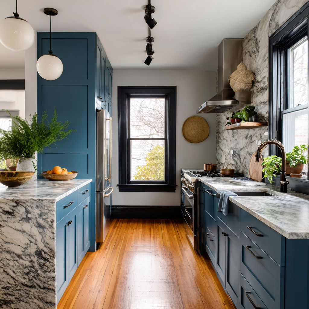 A transitional galley kitchen with deep blue shaker cabinets, marble countertops and backsplash, brass and black fixtures, globe pendant and track lighting, stainless steel appliances, large windows with black trim, and warm natural wood plank flooring.