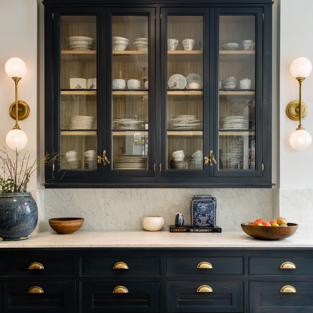 A transitional kitchen vignette with dark navy glass-front cabinets displaying ceramics, brass hardware and sconces, a marble backsplash and countertop, styled bowls and decor, and the flooring not visible in the frame.