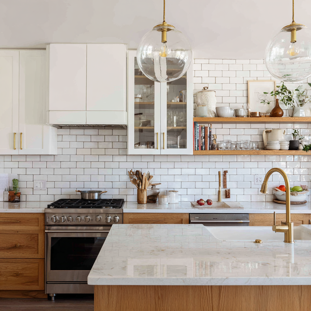 A bright transitional kitchen with white and natural wood cabinetry, marble countertops, subway tile backsplash, brass pendant lighting and faucet, open wood shelving, stainless steel range, and warm wood flooring throughout the space.