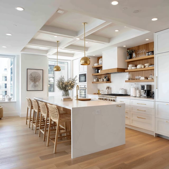 A bright, transitional kitchen features white cabinetry, a large white quartz island with wicker and wood bar stools, brass pendant lights and hardware, and open shelving with light wood accents.