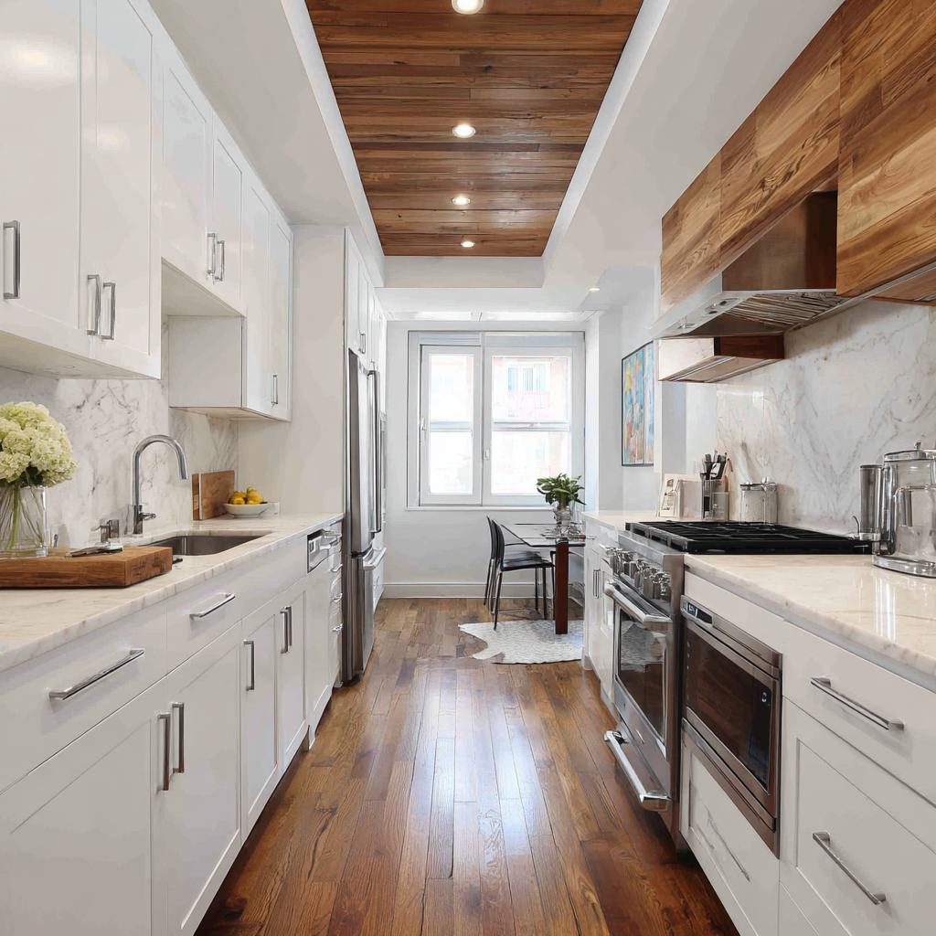 A long, transitional galley kitchen with white shaker cabinets, marble countertops and backsplash, stainless steel appliances, a wood-paneled ceiling with recessed lighting, a small dining nook, and rich hardwood flooring running the length of the space.