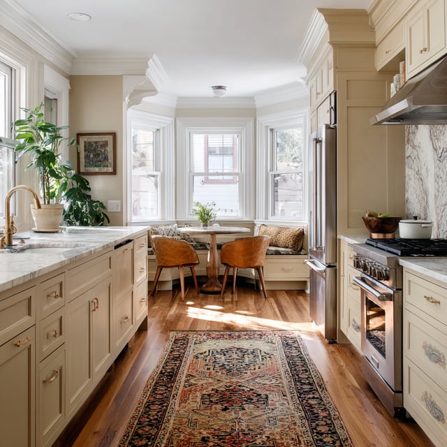 A transitional kitchen features pale yellow-beige cabinetry with gold hardware, marble countertops and backsplash, a stainless steel refrigerator and range, rich oak wood floors, and a patterned runner rug leading toward a curved banquette seating area with a small round table in a bay window.