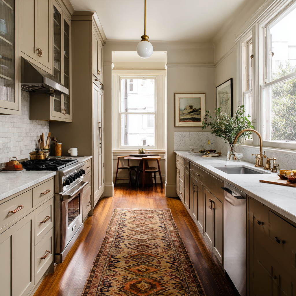 A transitional galley kitchen with soft neutral cabinetry, marble countertops, brass hardware and lighting, stainless steel appliances, classic millwork, and rich hardwood flooring accented by a patterned runner.