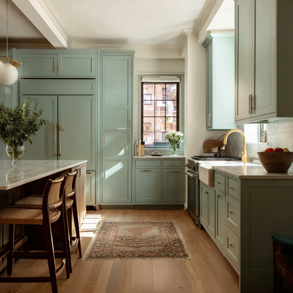 A bright transitional kitchen with soft green shaker cabinets, marble countertops, brass hardware, a small runner rug, natural light from a central window, and light wood-look vinyl plank flooring throughout.