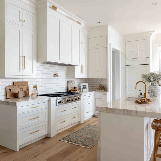 A transitional kitchen features white shaker cabinets, marble countertops, brass hardware and faucet, a white subway tile backsplash, and light wood flooring.