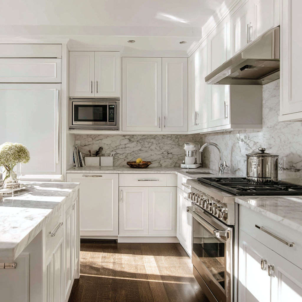 A clean, transitional kitchen with white shaker cabinetry, marble countertops and backsplash, stainless steel range and hood, integrated appliances, and warm hardwood flooring illuminated by natural light.