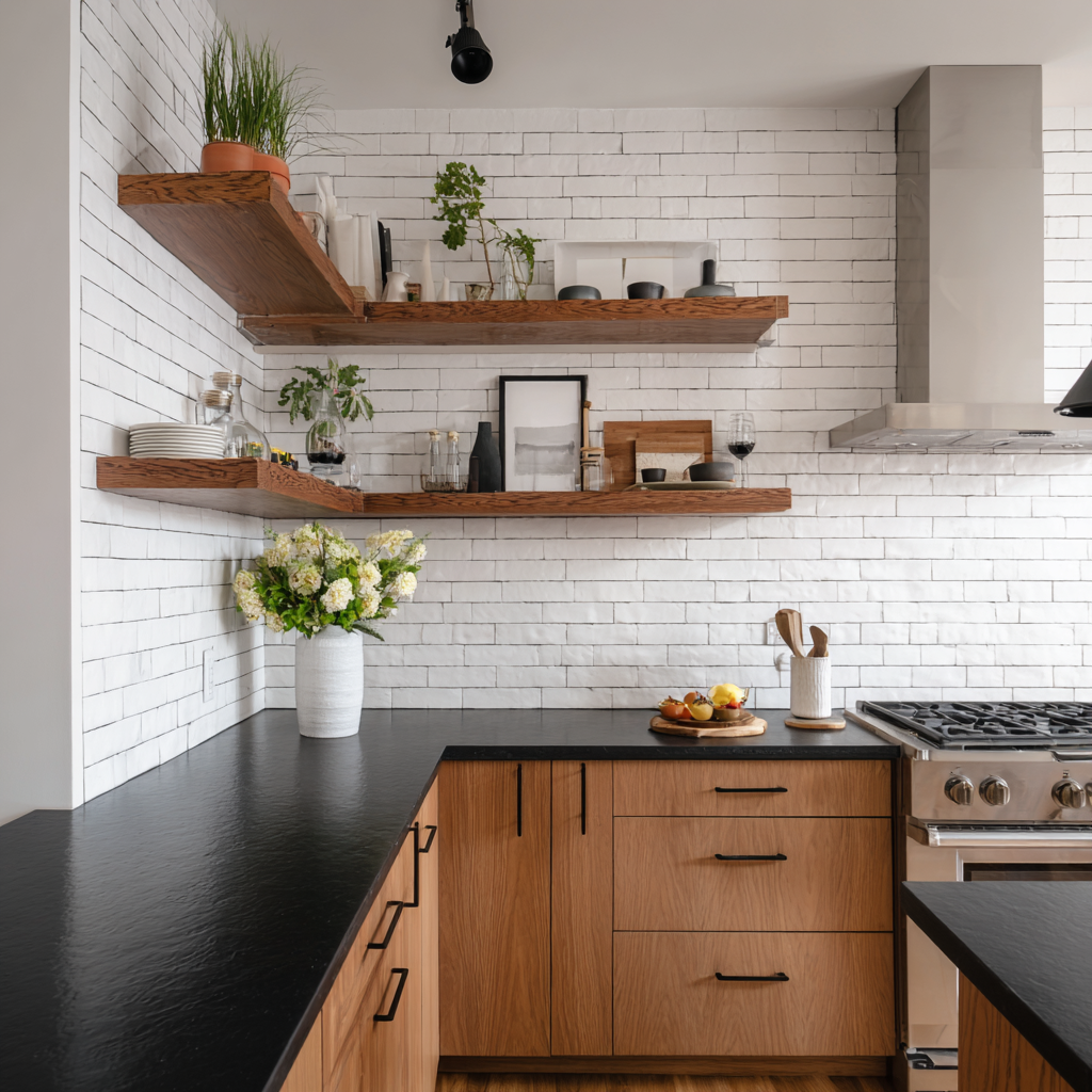 A transitional kitchen with warm wood base cabinets, matte black countertops, open wood shelves styled with plants and dishware, a stainless steel range, white subway tile backsplash, and natural wood plank flooring.