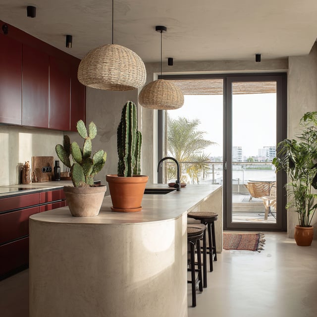 Modern kitchen with black cabinets and a fluted white island.