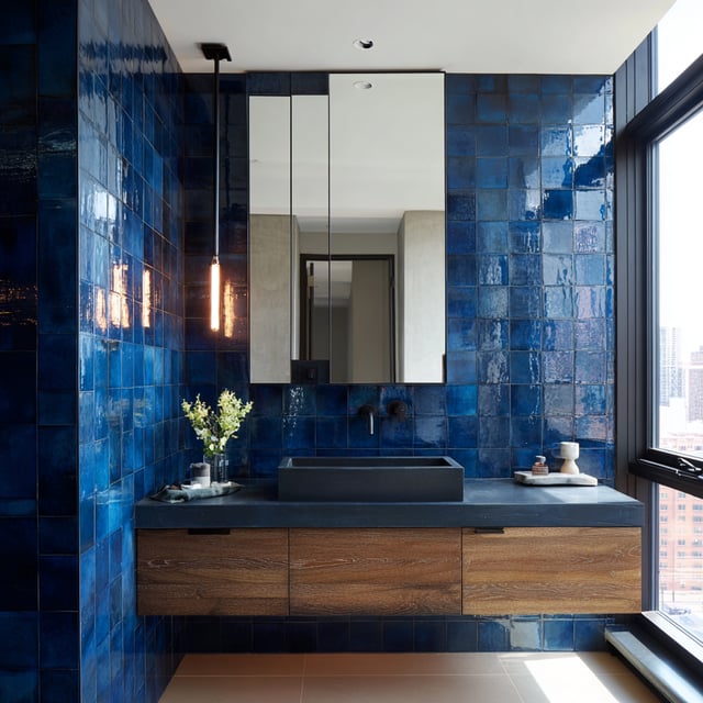 Bold blue tiled bathroom with floating wood vanity and sink.