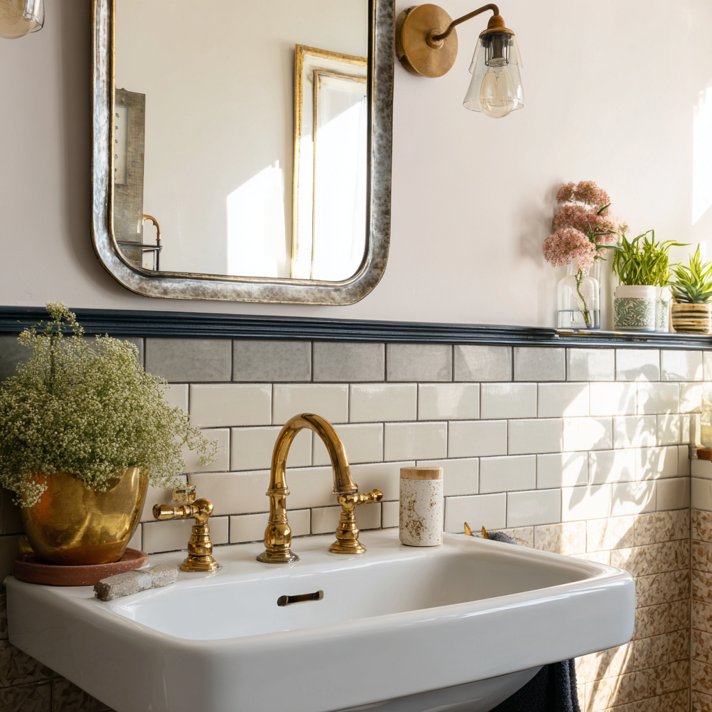 Gold faucet and mirror in a classic bathroom.