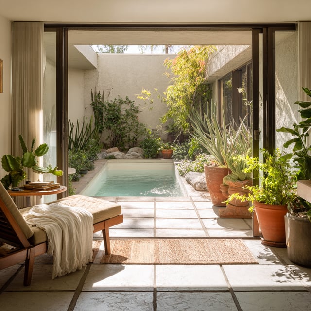 A sliding glass door opens to an outdoor, sunlit courtyard with a small pool surrounded by various potted and in-ground desert plants, with a wooden lounge chair and throw blanket resting on a tiled floor in the foreground.