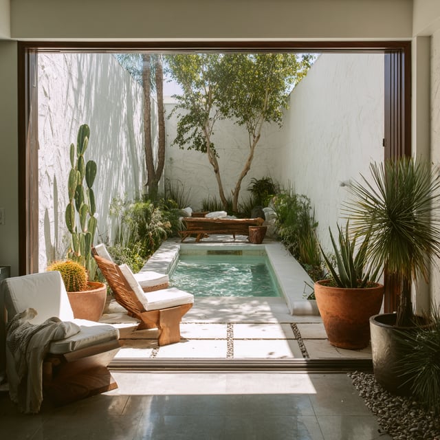 A secluded outdoor courtyard features a small plunge pool, lush desert and tropical plants in terracotta pots, and wooden lounge chairs, viewed through a large sliding door.