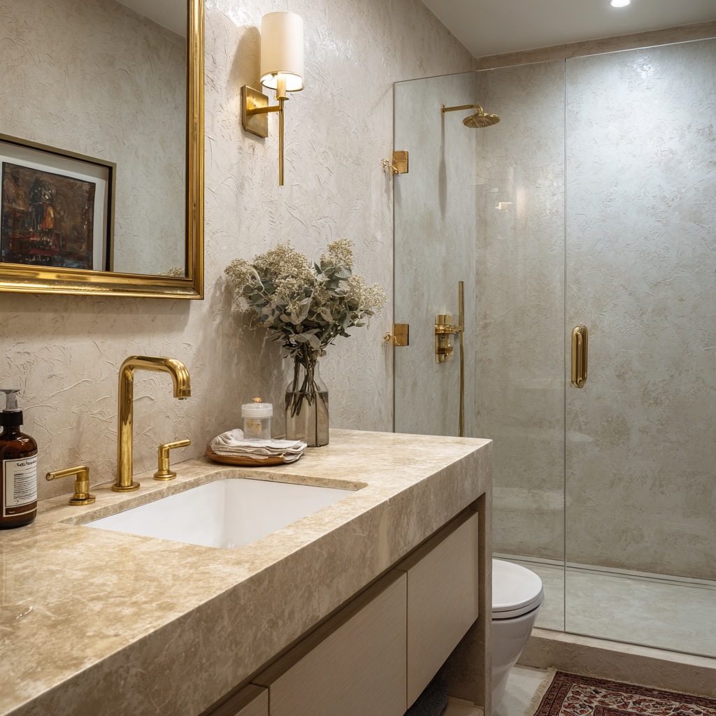 A luxurious bathroom featuring a marble vanity, gold fixtures, and textured walls, with a glass-enclosed shower visible on the right.1