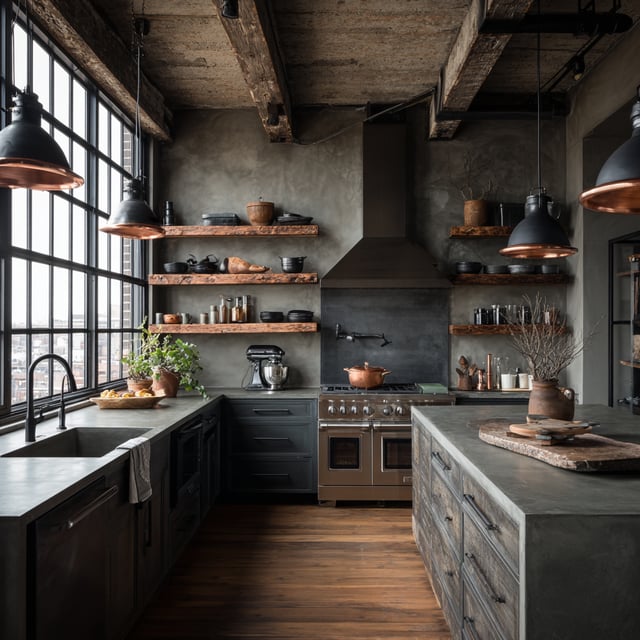 Industrial loft kitchen with concrete, wood, and black.