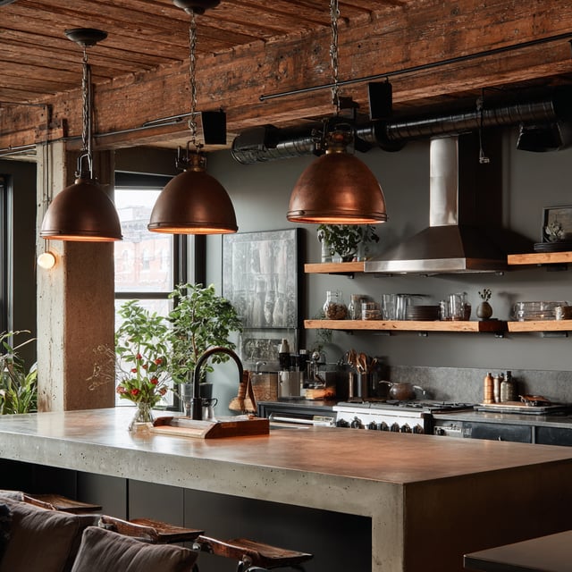  Industrial loft kitchen with copper lamps and concrete island.