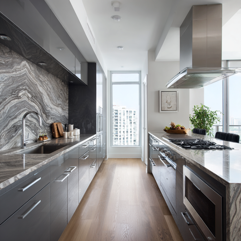 Sleek condo kitchen with stone backsplash and city views.
