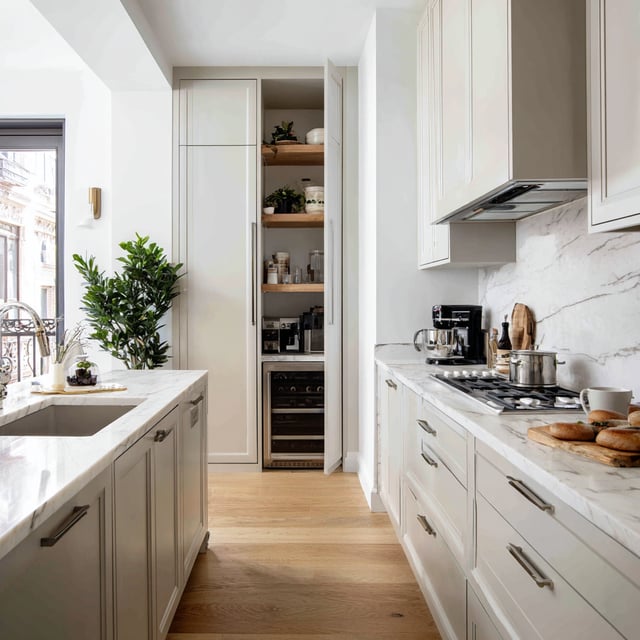 A bright, transitional-style kitchen with a focus on seamless storage and high-end materials.