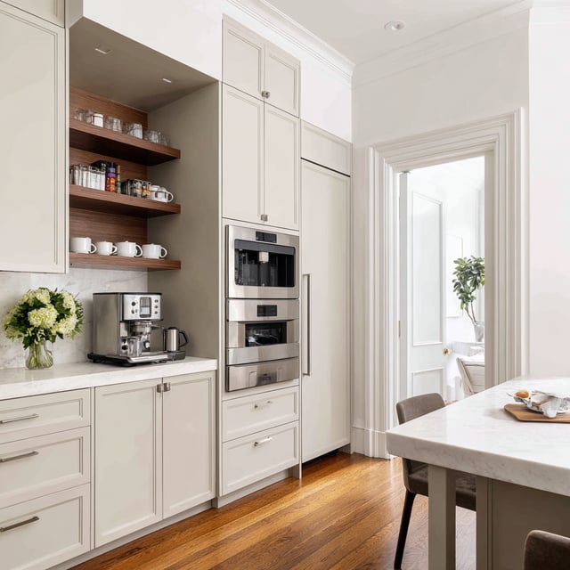 A transitional-style kitchen featuring a neutral, off-white color palette and warm wood accents.