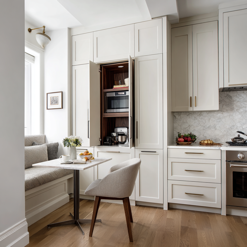 A refined transitional kitchen with white shaker cabinetry, hidden appliances, marble backsplash and countertops, brass hardware, a cozy built-in banquette with a small café table, and light natural wood flooring throughout the space.