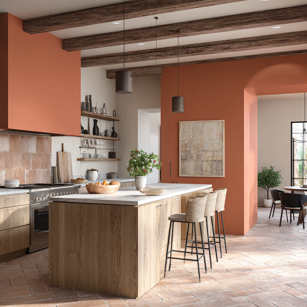 Modern style kitchen inspired by Tuscany, with natural floor tiles and terracotta paint