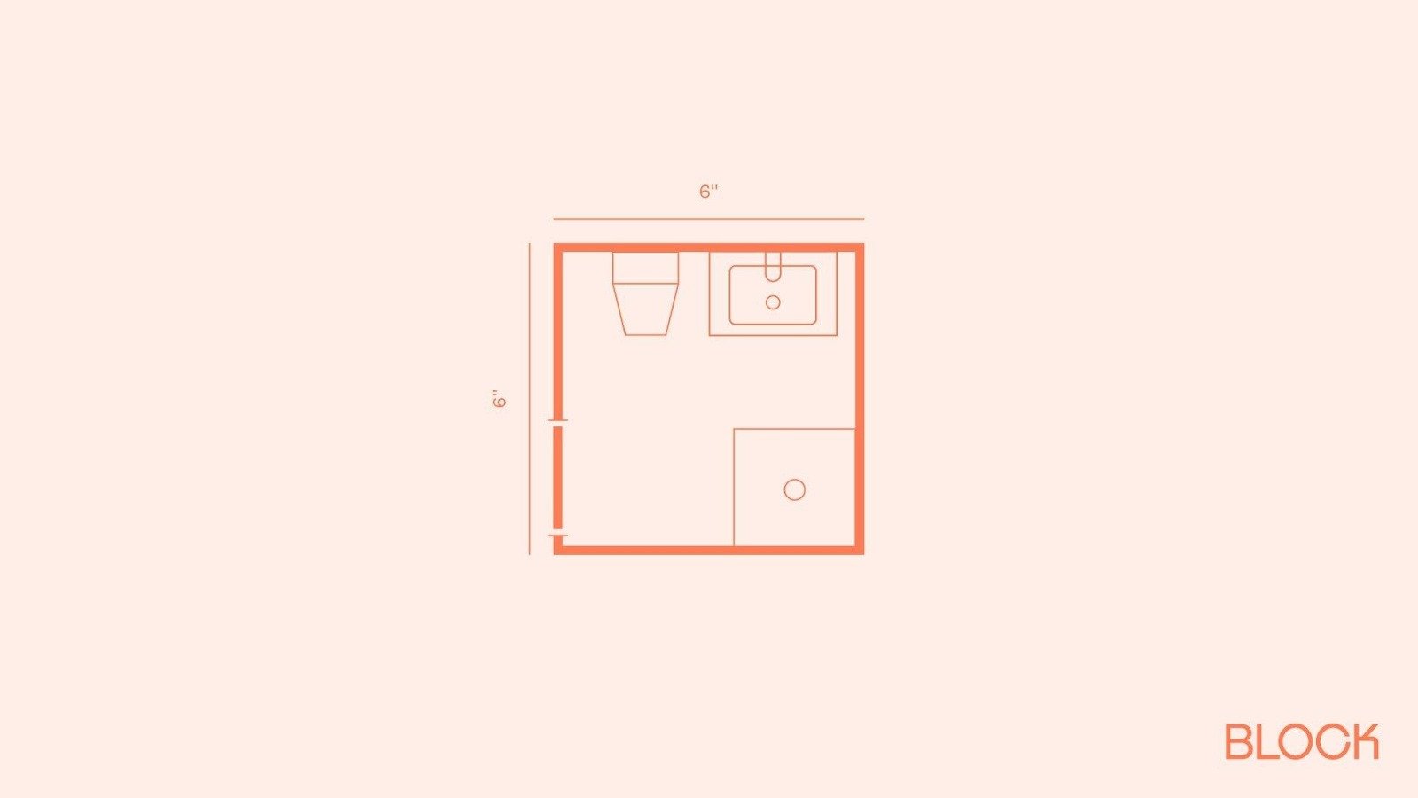 6x6 layout idea: Toilet and vanity on the upper wall with shower below