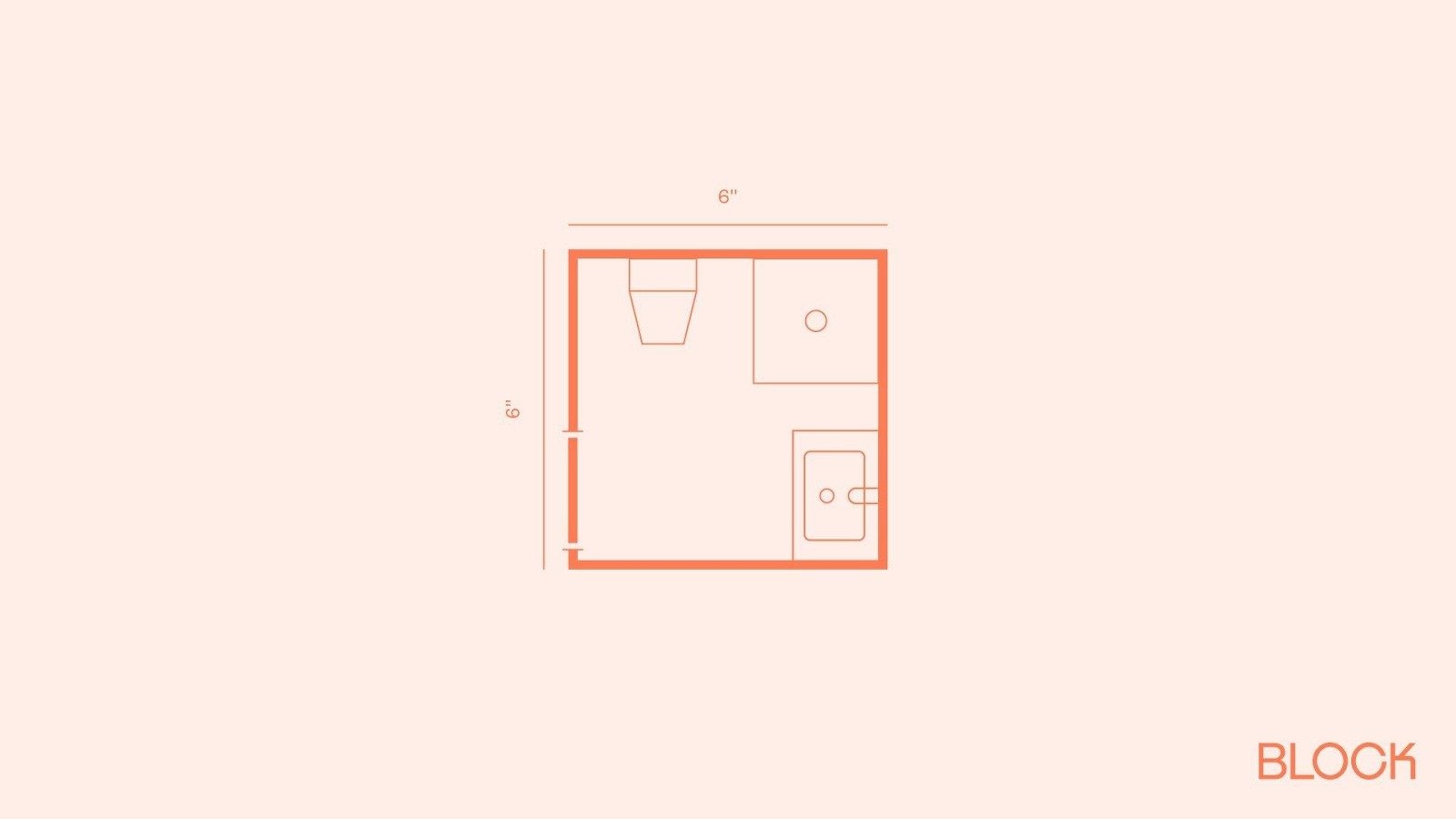 6x6 layout idea: Shower and toilet on the upper wall with vanity below