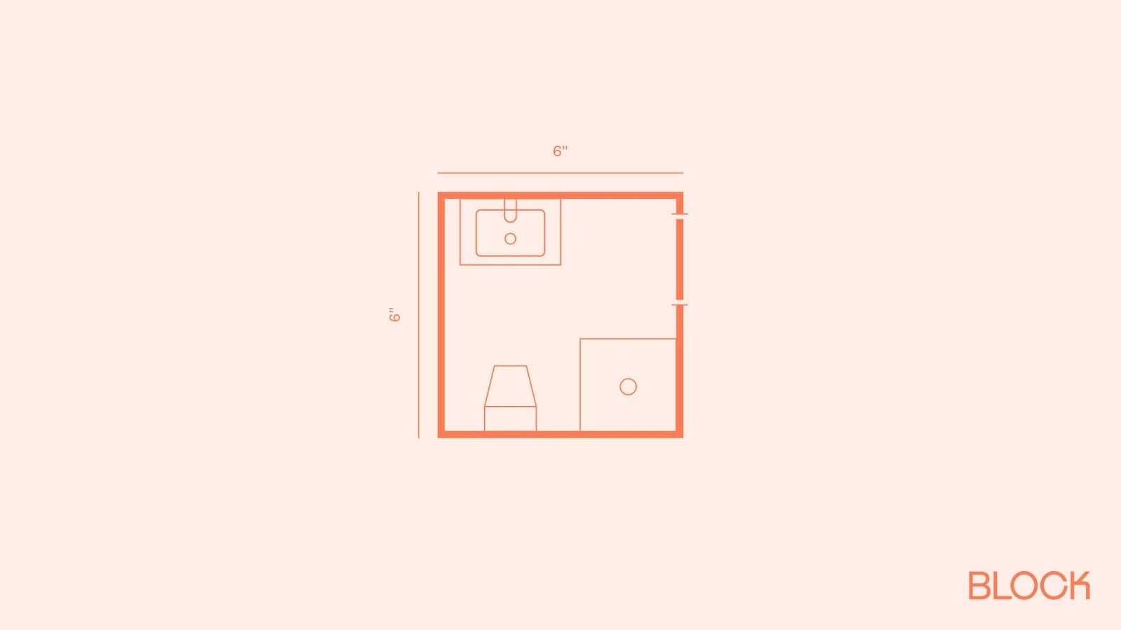 6x6 layout idea: Vanity on the entry wall with toilet and shower opposite