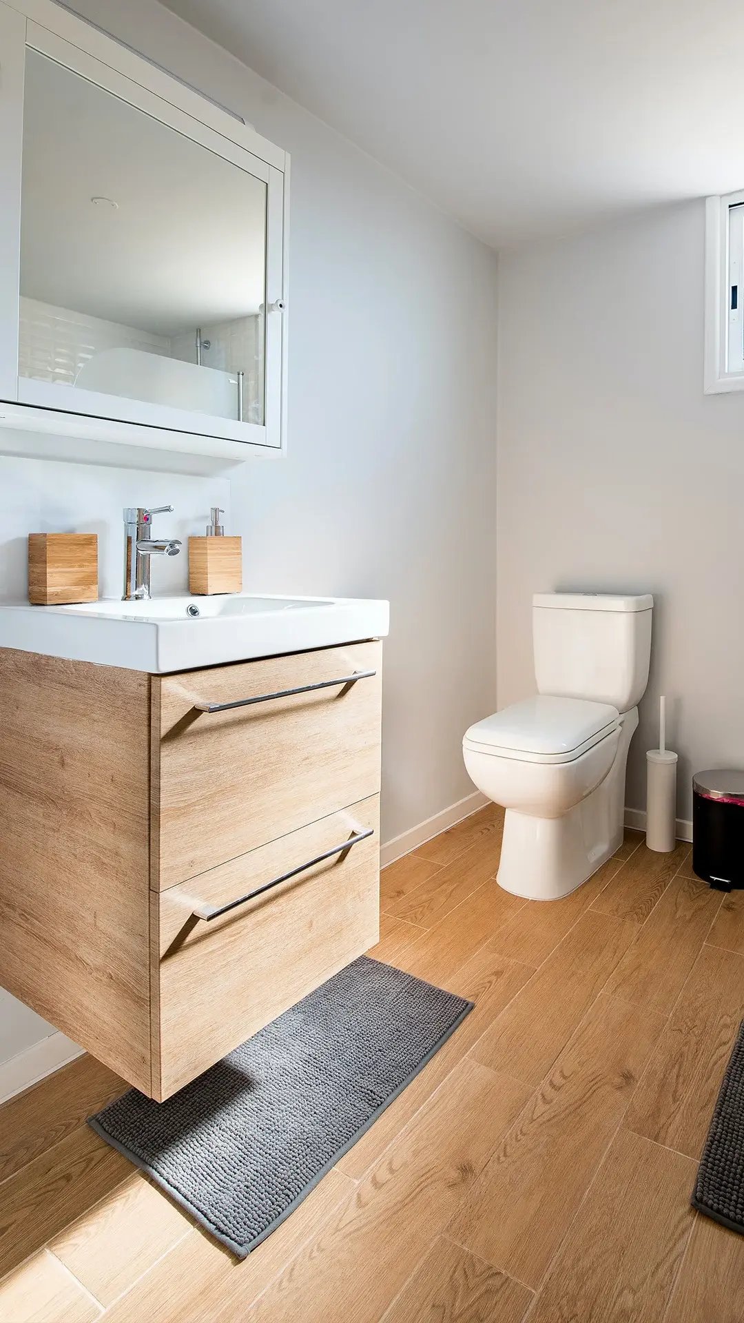 The image shows a bathroom with a white toilet and a floating wood-grain vanity, featuring light brown, wide-plank wood-look tile flooring.